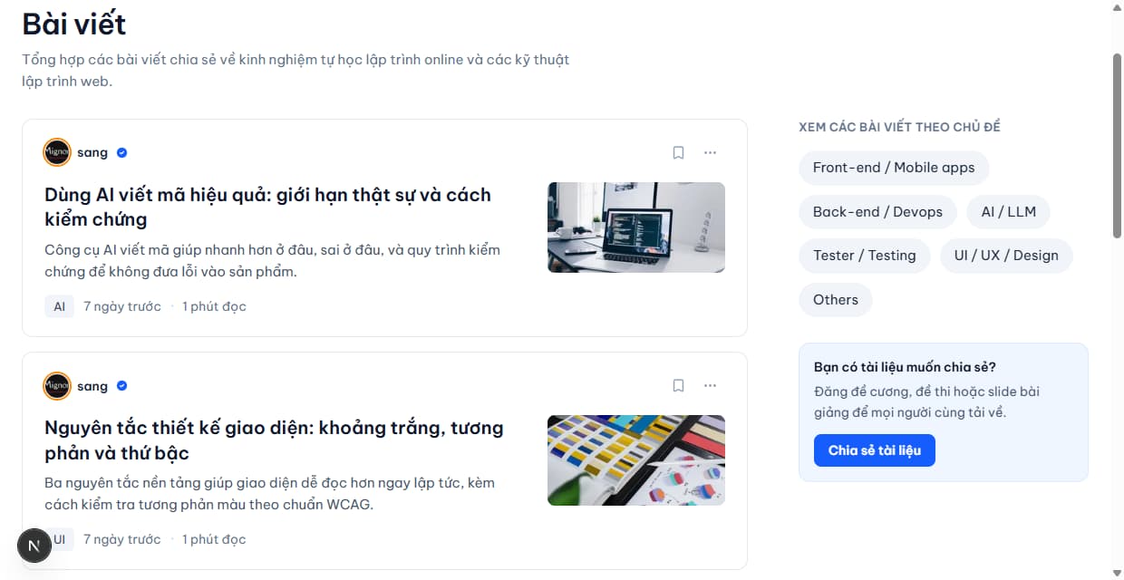 Trang bài viết chia sẻ kinh nghiệm tự học, lọc theo chủ đề